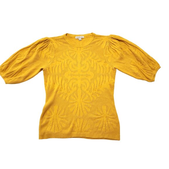 Ophelia Roe Puff Sleeve Gold Yellow Medallion Knit Eyelet Sweater Size S - Picture 5 of 14